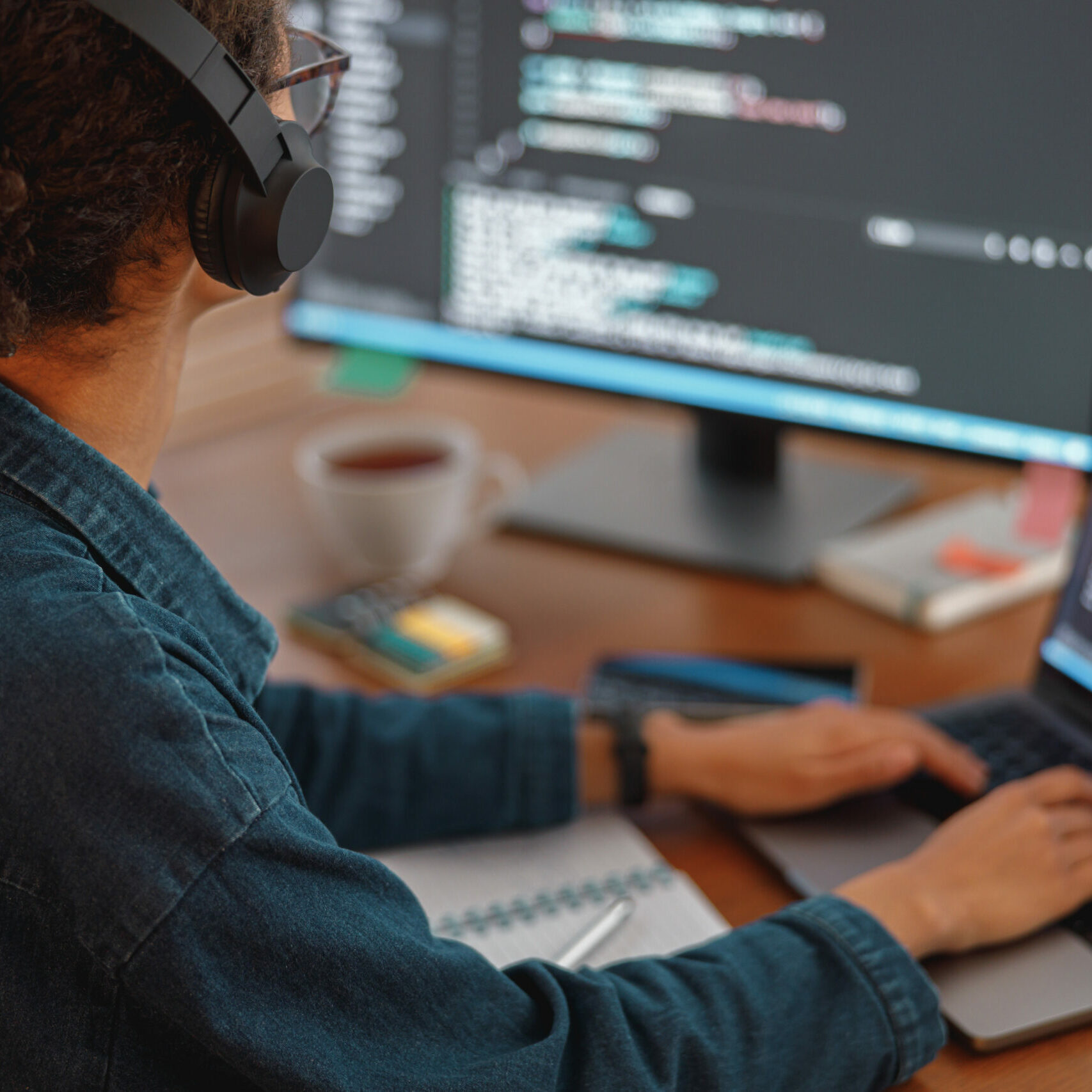 Woman in headphones freelance data scientist work remotely at home. Back view